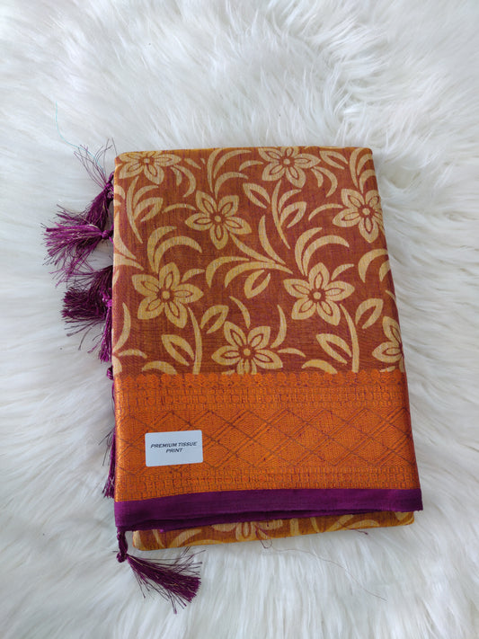 Premium Tissue Print Zari Woven Fancy Sarees - Bronze