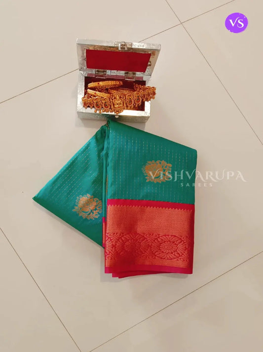 Kanchi Semi Silk Striped Saree - Peacock Green