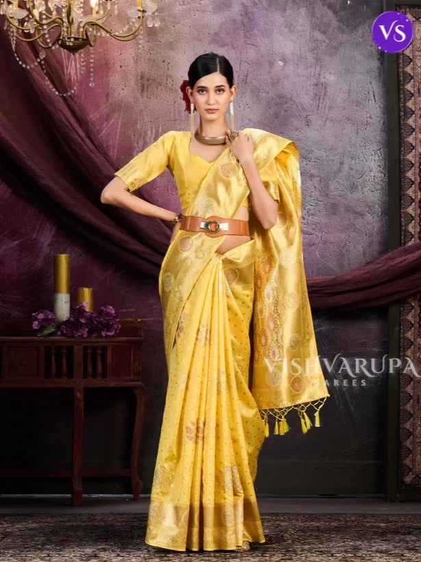 Woven Kanjivaram Glitter Silk Saree - Lemon Yellow