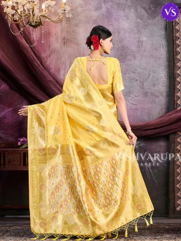 Woven Kanjivaram Glitter Silk Saree - Lemon Yellow