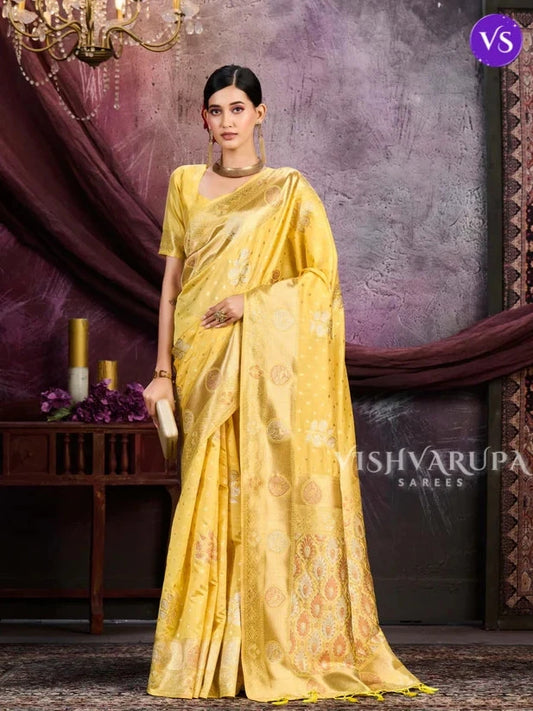 Woven Kanjivaram Glitter Silk Saree - Lemon Yellow