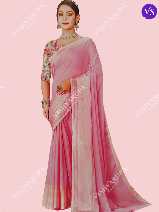 Fancy  Soft Silk Saree With Floral Blouse - Light Pink