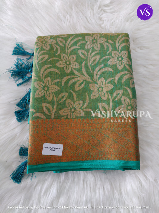 Premium Tissue Print Zari Woven Fancy Sarees - Light Green