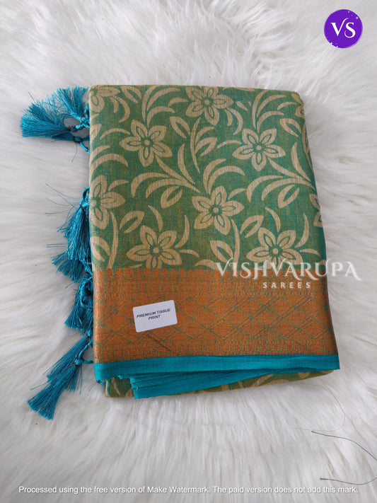 Premium Tissue Print Zari Woven Fancy Sarees - Rama Blue