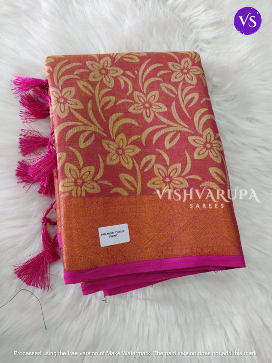 Premium Tissue Print Zari Woven Fancy Sarees - Pink