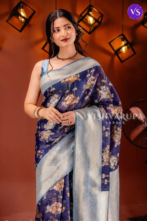 Party Wear Kanjivaram Style Saree - Navy Blue